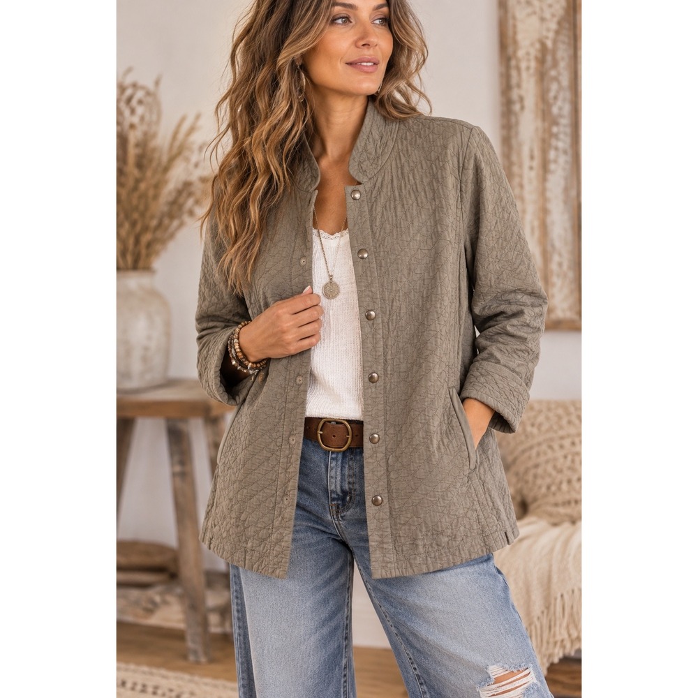Eileen Fisher Womens Organic Cotton Quilted Jacket Taupe Stand Collar Small